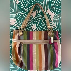 Coach Poppy Legacy Stripe Glam Tote Bag sequin accents stripes Y2K Gold leather